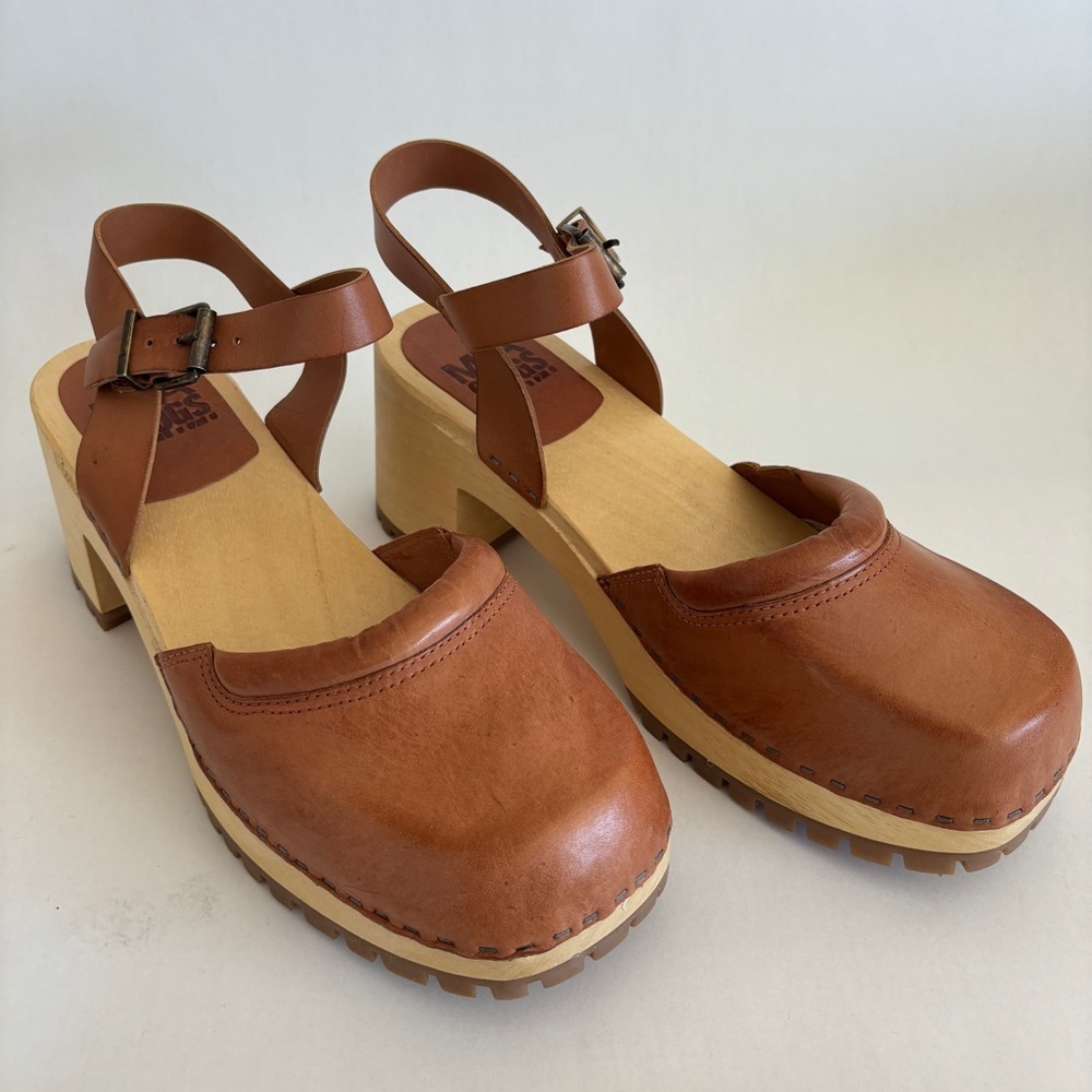 Brown Leather Clog Sandal with Ankle Strap